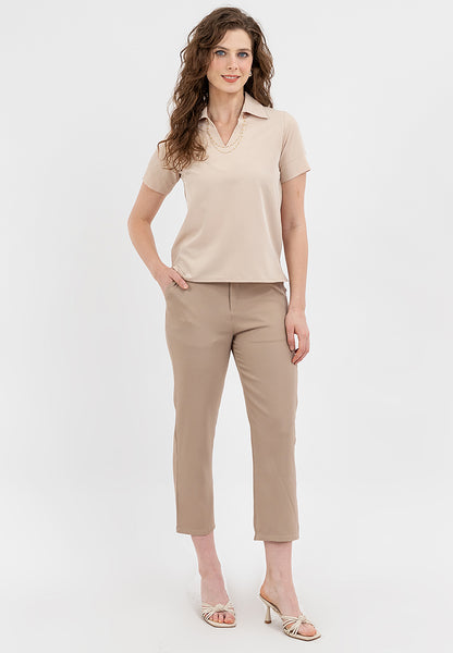Krizia Collared V-Neck Blouse Top with Decorative Necklace