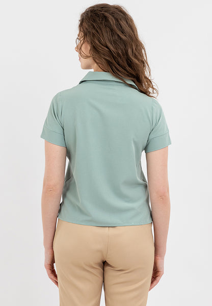 Krizia Collared V-Neck Blouse Top with Decorative Necklace