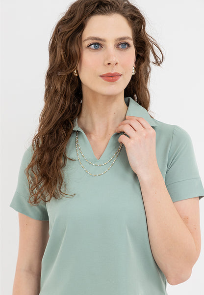 Krizia Collared V-Neck Blouse Top with Decorative Necklace