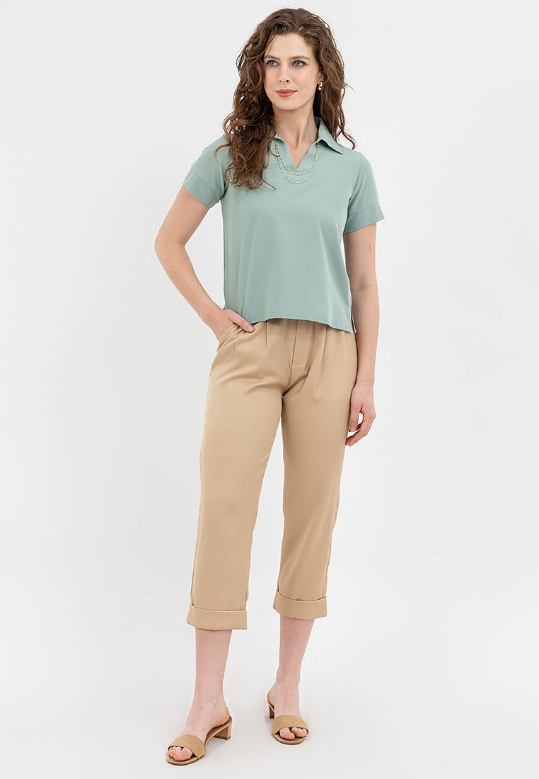 Krizia Collared V-Neck Blouse Top with Decorative Necklace
