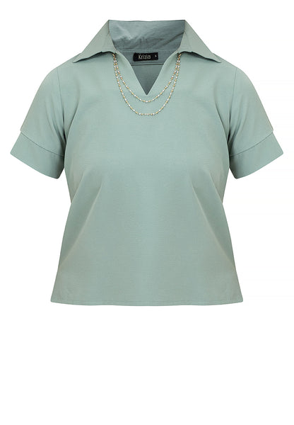 Krizia Collared V-Neck Blouse Top with Decorative Necklace