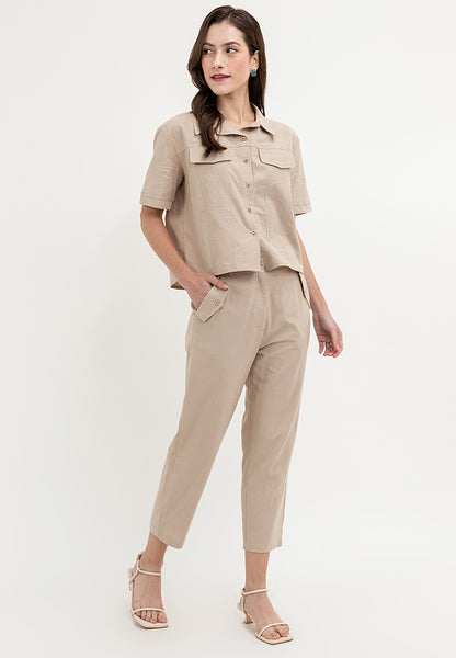 Krizia Cotton Linen Collared Top Blouse and Pants 2 Piece Set Terno