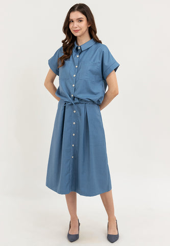 Krizia Button Down Collared Crop Shirt & Pleated Midi Skirt