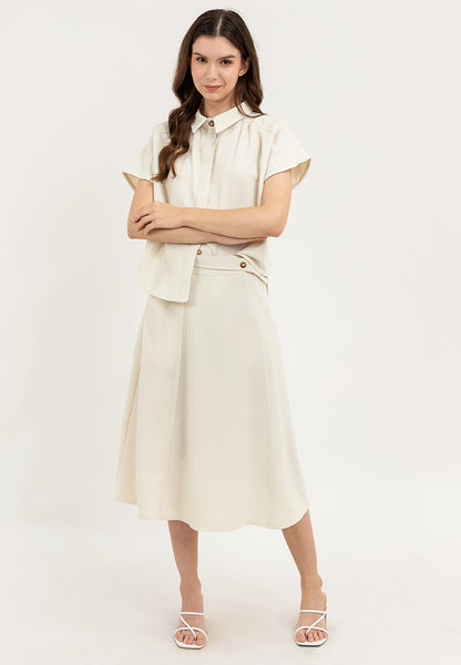 Krizia 2 pieces Button Down Collared Shirt Blouse Top & High Waist with Wrap-around Design Skirt