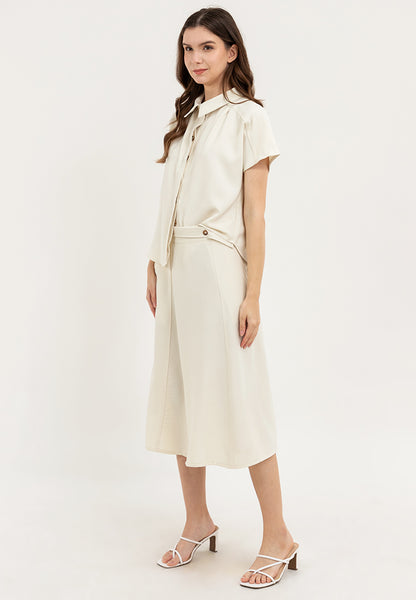 Krizia 2 pieces Button Down Collared Shirt Blouse Top & High Waist with Wrap-around Design Skirt