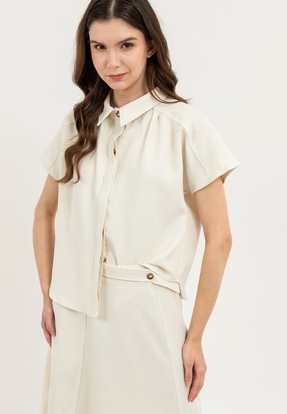 Krizia 2 pieces Button Down Collared Shirt Blouse Top & High Waist with Wrap-around Design Skirt