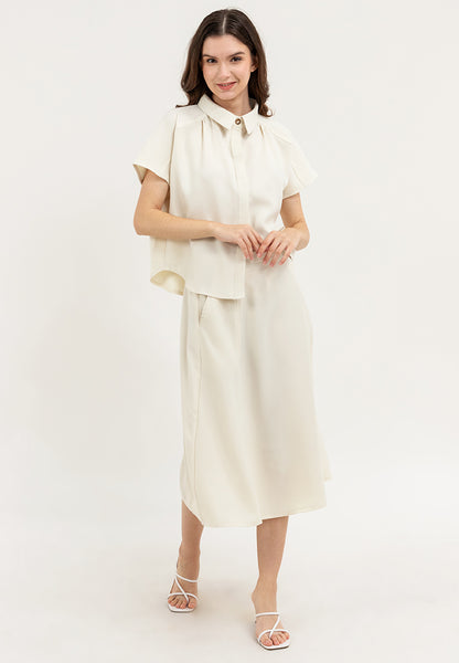 Krizia 2 pieces Button Down Collared Shirt Blouse Top & High Waist with Wrap-around Design Skirt