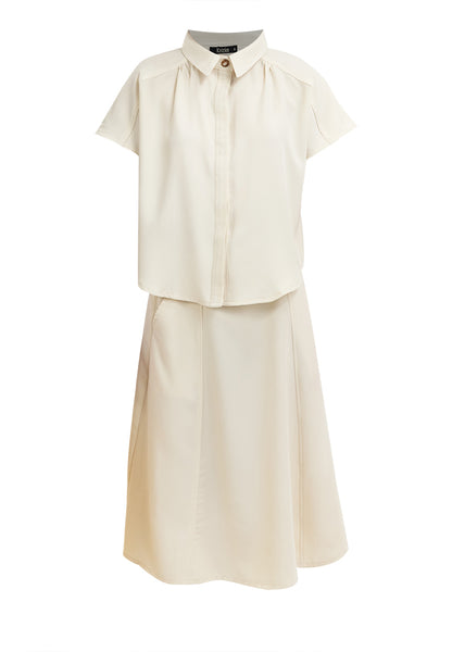 Krizia 2 pieces Button Down Collared Shirt Blouse Top & High Waist with Wrap-around Design Skirt