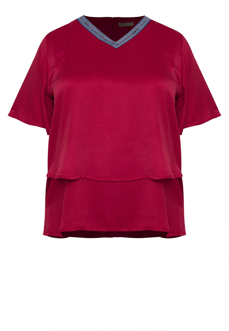 Plus Size V Neck Trimming Layered Blouse