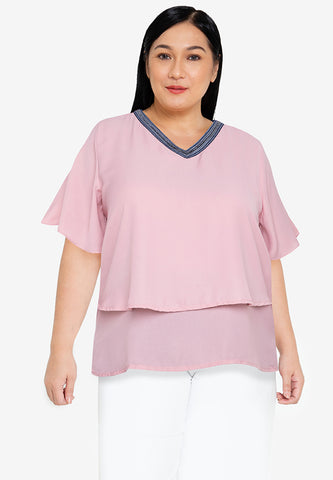 Plus Size V Neck Trimming Layered Blouse