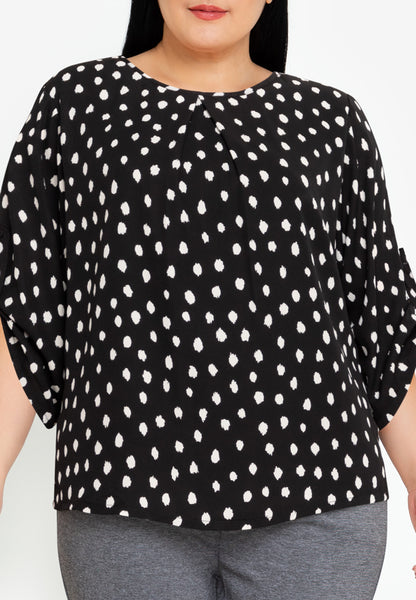 Divina Plus Size Printed Pleated Roll Tab Sleeves Blouse