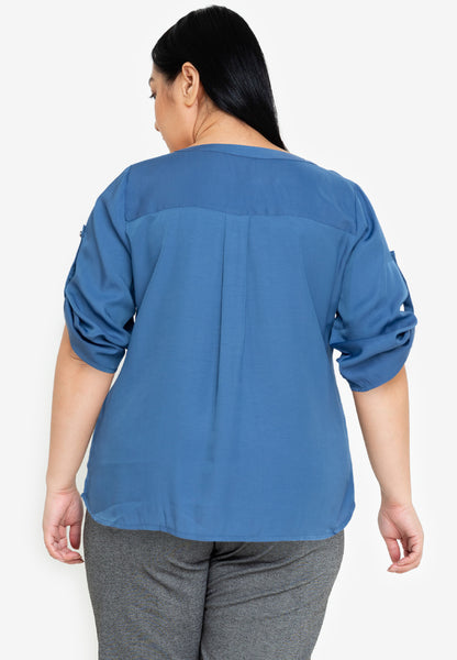 Divina Plus Size Button Down Roll Tab Sleeve Blouse Top