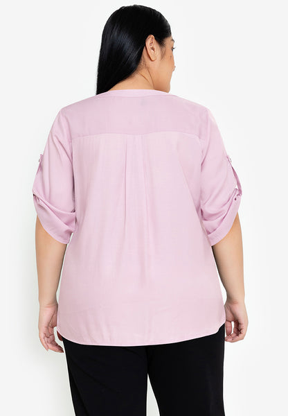 Divina Plus Size Button Down Roll Tab Sleeve Blouse Top