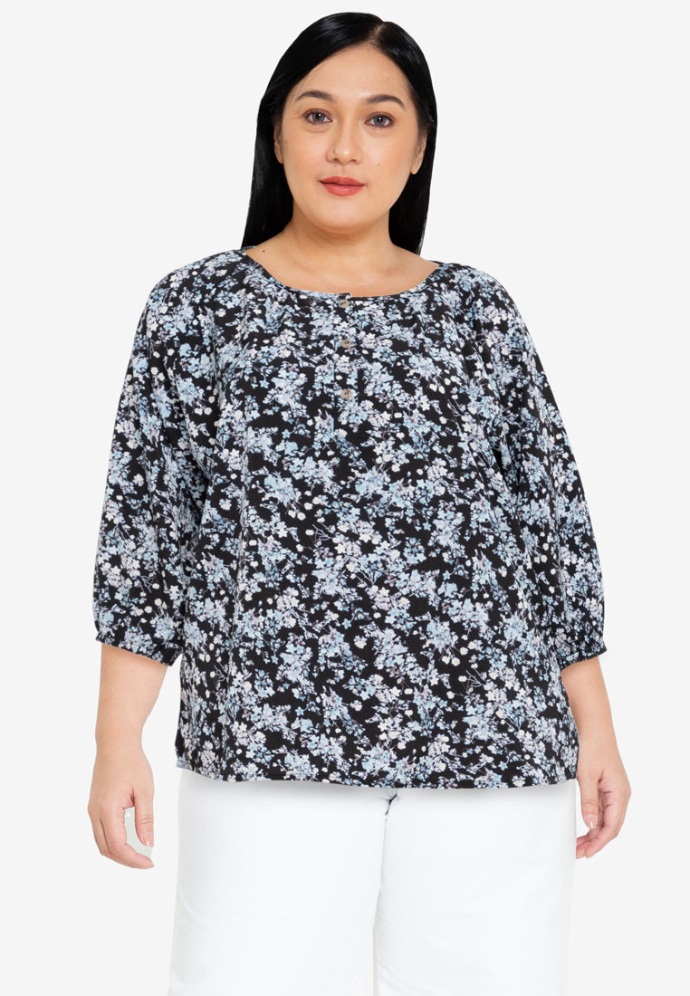 Divina Plus Size Printed Button Front 3/4  Sleeves Blouse
