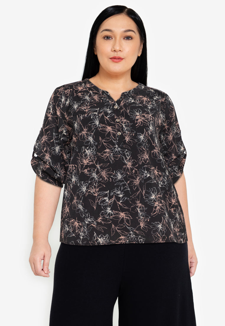 Divina Plus Size Roll Tab Sleeve V Notch Korean Style Blouse