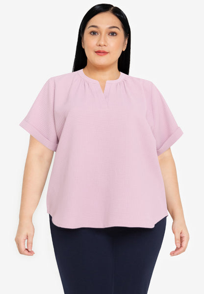 Divina Plus Size Waffle V-neck Puff Sleeve Blouse Top