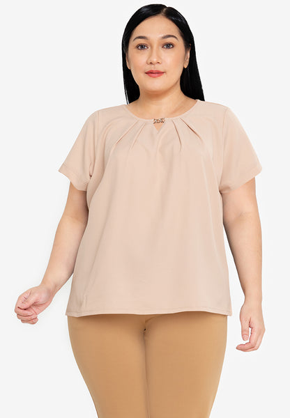 Divina Plus Size Pleated V-Cut Blouse with Chain Detail