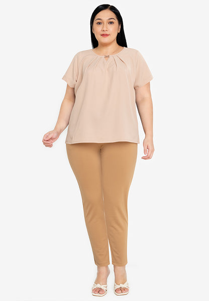 Divina Plus Size Pleated V-Cut Blouse with Chain Detail