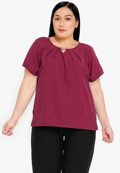 Divina Plus Size Pleated V-Cut Blouse with Chain Detail