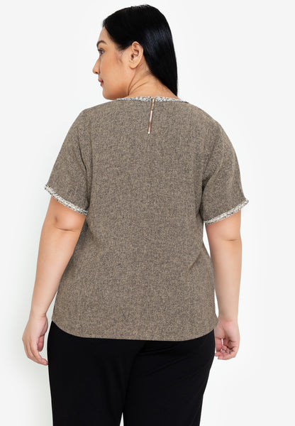Divina Plus Size Tweed Blouse Top with Trimmings