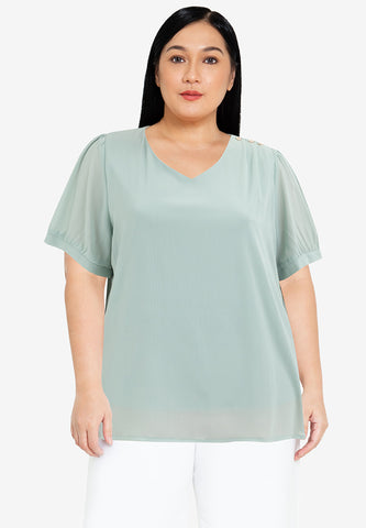 Divina Plus Size V-neck Cotton Crumpled Blouse Top With Gold Buttons