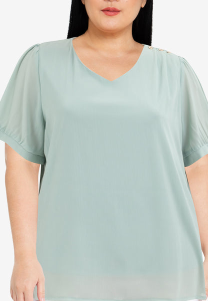 Divina Plus Size V-neck Cotton Crumpled Blouse Top With Gold Buttons