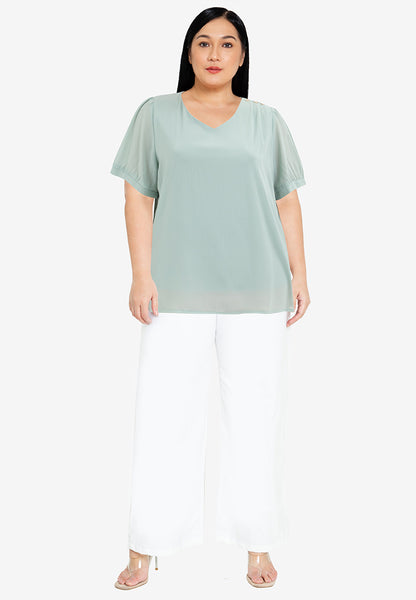 Divina Plus Size V-neck Cotton Crumpled Blouse Top With Gold Buttons