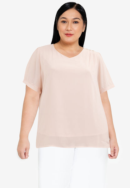 Divina Plus Size V-neck Cotton Crumpled Blouse Top With Gold Buttons