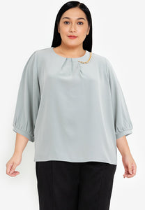 Divina Plus Size Pleated 3/4 Blouse Top with Necklace