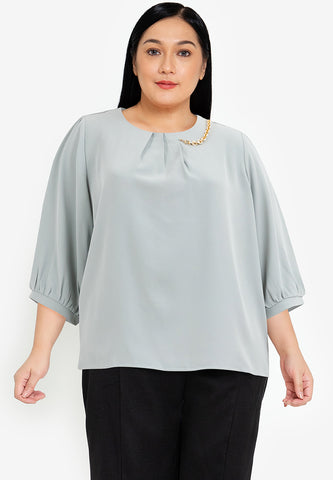 Divina Plus Size Pleated 3/4 Blouse Top with Necklace