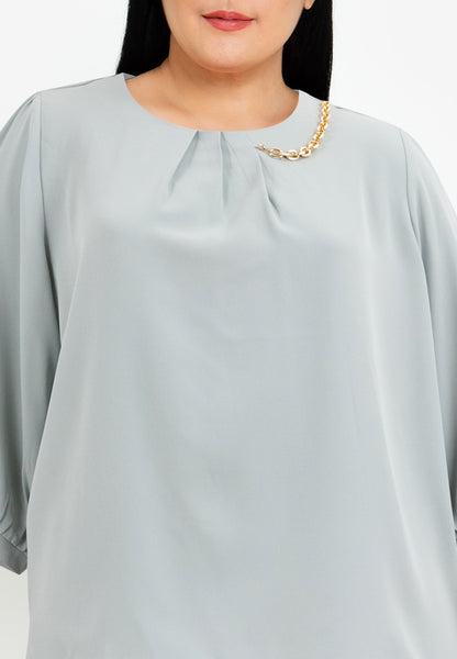 Divina Plus Size Pleated 3/4 Blouse Top with Necklace