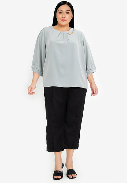 Divina Plus Size Pleated 3/4 Blouse Top with Necklace