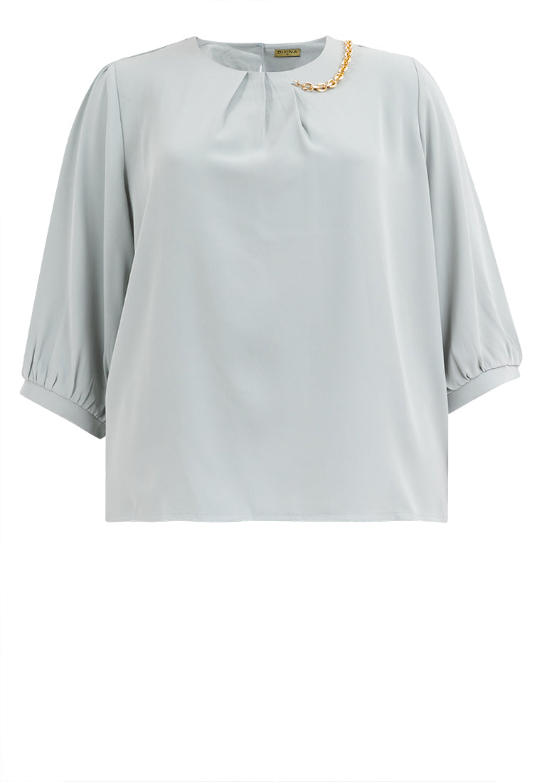 Divina Plus Size Pleated 3/4 Blouse Top with Necklace