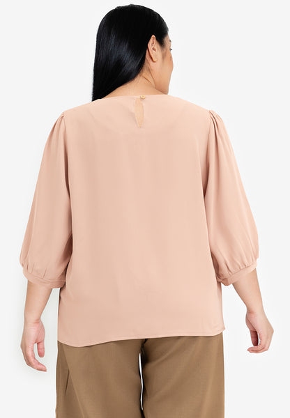 Divina Plus Size Pleated 3/4 Blouse Top with Necklace