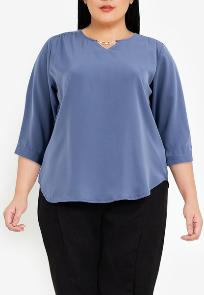 Divina Plus Size Roll Tab Sleeve Blouse with Neck Detail