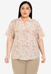 Divina Plus Size Collared Printed Blouse Top