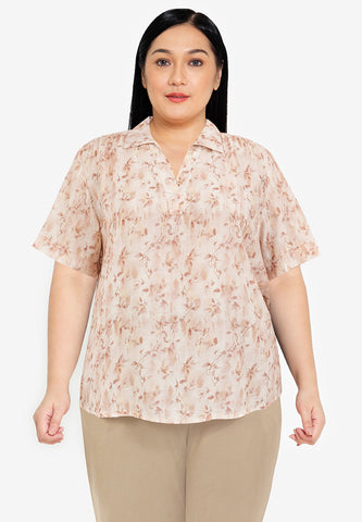 Divina Plus Size Collared Printed Blouse Top