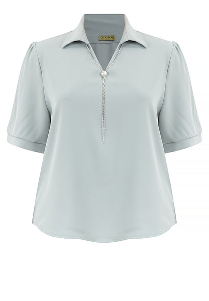 Divina Plus Size Collar Blouse with FREE Detachable Crystal Necklace and Pearl Detail