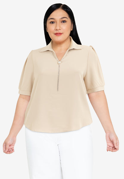 Divina Plus Size Collar Blouse with FREE Detachable Crystal Necklace and Pearl Detail