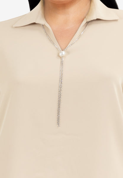 Divina Plus Size Collar Blouse with FREE Detachable Crystal Necklace and Pearl Detail