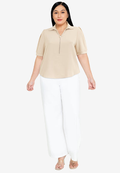 Divina Plus Size Collar Blouse with FREE Detachable Crystal Necklace and Pearl Detail