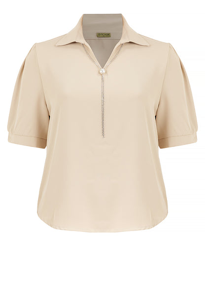 Divina Plus Size Collar Blouse with FREE Detachable Crystal Necklace and Pearl Detail