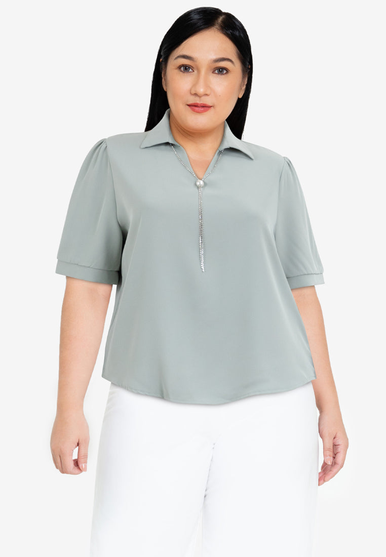 Divina Plus Size Collar Blouse with FREE Detachable Crystal Necklace and Pearl Detail