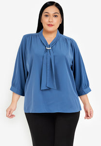 Divina Plus Size Quarter Sleeve V-neck Slip-in Tie with Decorative Pearl Blouse Top