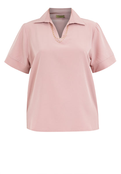 Divina Collared V-Neck with Detail Necklace Blouse Top