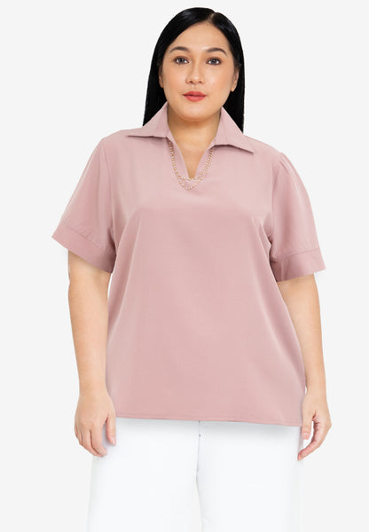 Divina Collared V-Neck with Detail Necklace Blouse Top
