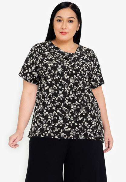 Divina Plus Size Decorative Ruffle Neckline Floral Print Blouse Top
