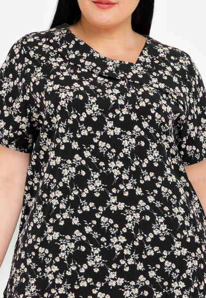 Divina Plus Size Decorative Ruffle Neckline Floral Print Blouse Top