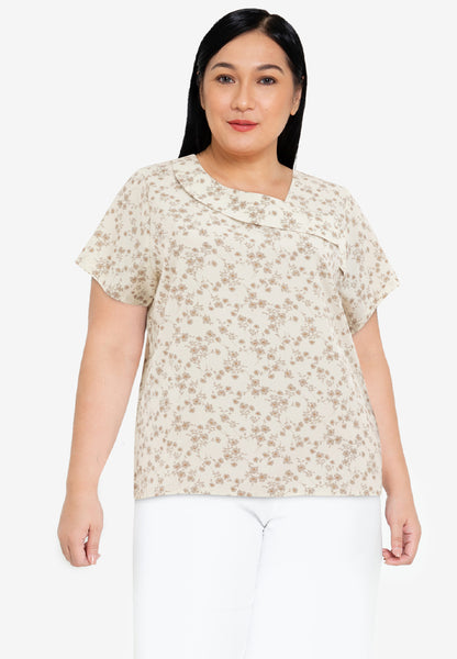 Divina Plus Size Decorative Ruffle Neckline Floral Print Blouse Top