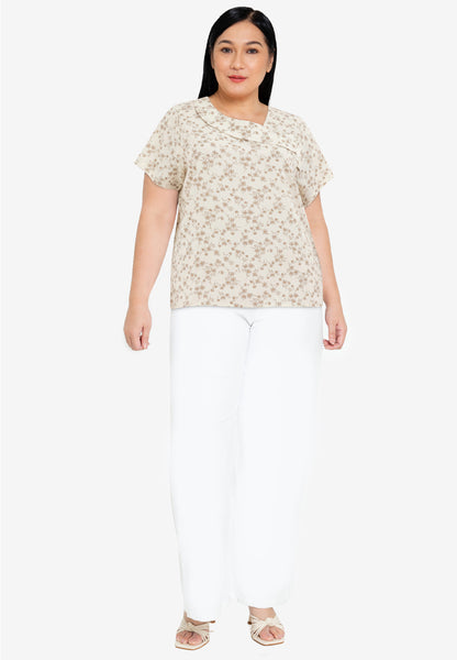 Divina Plus Size Decorative Ruffle Neckline Floral Print Blouse Top